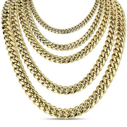 Miami Cuban Link Chain Necklace - 14k Yellow Gold Plated Stainless Steel - 16"-36" - 4mm-18mm