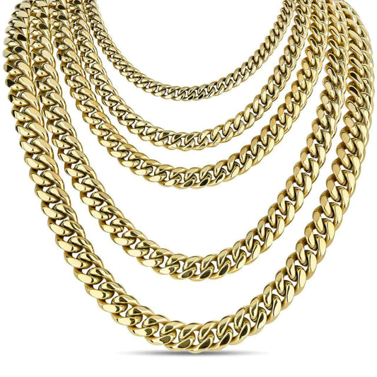 Miami Cuban Link Chain Necklace - 14k Yellow Gold Plated Stainless Steel - 16"-36" - 4mm-18mm