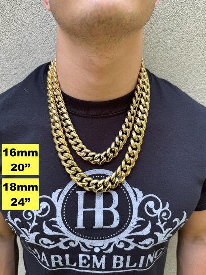 Miami Cuban Link Chain Necklace - 14k Yellow Gold Plated Stainless Steel - 16"-36" - 4mm-18mm