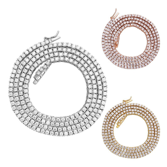 Micro Tennis Chain Necklace Iced Out CZ Stones - 14k Gold Vermeil, Rose Gold Vermeil Or 925 Silver - 2mm - 14"-28"