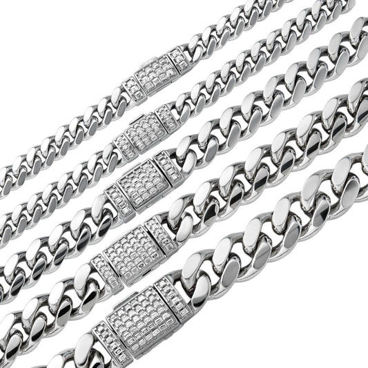 MOISSANITE Baguette Iced Clasp Miami Cuban Link Chain Necklace - 925 Silver - 16"-30" - 5mm-12mm
