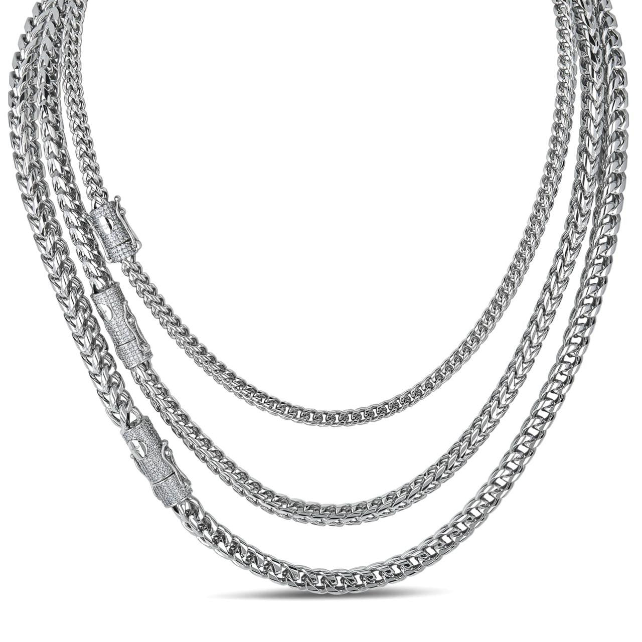 MOISSANITE CLASP Franco Chain Necklace - Stainless Steel W. 925 Silver Clasp - 18"-30" - 4mm-6mm