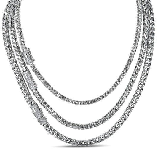 MOISSANITE CLASP Franco Chain Necklace - Stainless Steel W. 925 Silver Clasp - 18"-30" - 4mm-6mm