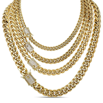 MOISSANITE CLASP Miami Cuban Link Chain Necklace - 14k Yellow Gold Plated Stainless Steel - 16"-30" - 8mm-14mm