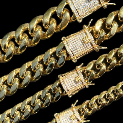 MOISSANITE CLASP Miami Cuban Link Chain Necklace - 14k Yellow Gold Plated Stainless Steel - 16"-30" - 8mm-14mm