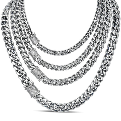 MOISSANITE CLASP Miami Cuban Link Chain Necklace - Stainless Steel W. 925 Silver Clasp - 16"-30" - 8mm-14mm