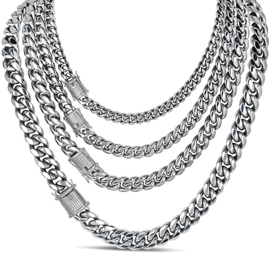 MOISSANITE CLASP Miami Cuban Link Chain Necklace - Stainless Steel W. 925 Silver Clasp - 16"-30" - 8mm-14mm