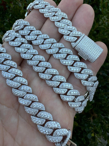 3D Miami Cuban Link Prong Chain Necklace Iced Out - 925 Silver - 10mm-14mm - 16-30"