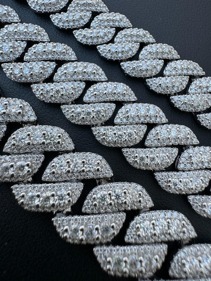 3D Miami Cuban Link Prong Chain Necklace Iced Out - 925 Silver - 10mm-14mm - 16-30"