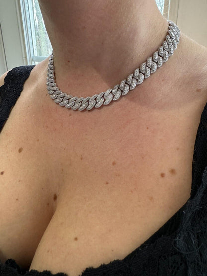 3D Miami Cuban Link Prong Chain Necklace Iced Out - 925 Silver - 10mm-14mm - 16-30"