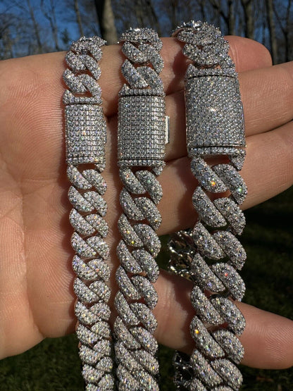 3D Miami Cuban Link Prong Chain Necklace Iced Out - 925 Silver - 10mm-14mm - 16-30"