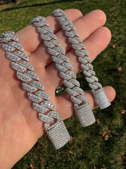 3D Miami Cuban Link Prong Chain Necklace Iced Out - 925 Silver - 10mm-14mm - 16-30"