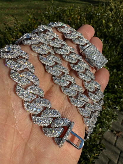 3D Miami Cuban Link Prong Chain Necklace Iced Out - 925 Silver - 10mm-14mm - 16-30"