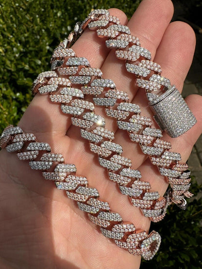 MOISSANITE #1 Bestseller Miami Cuban Link Prong Chain Necklace Iced Out - 14k Rose Gold Vermeil & 925 Silver - 8mm-20mm - 16" - 30"