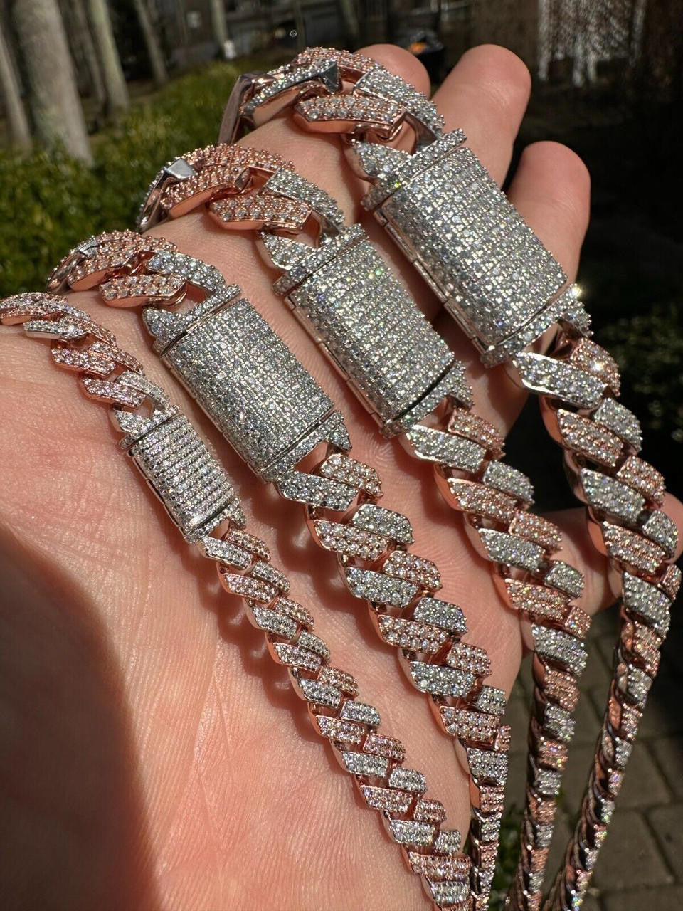 MOISSANITE #1 Bestseller Miami Cuban Link Prong Chain Necklace Iced Out - 14k Rose Gold Vermeil & 925 Silver - 8mm-20mm - 16" - 30"
