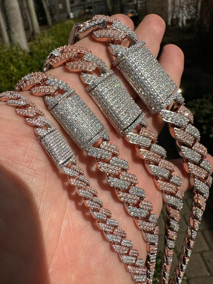 MOISSANITE #1 Bestseller Miami Cuban Link Prong Chain Necklace Iced Out - 14k Rose Gold Vermeil & 925 Silver - 8mm-20mm - 16" - 30"