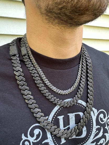 Black MOISSANITE #1 Bestseller Miami Cuban Link Prong Chain Necklace Iced Out - Black Rhodium Over 925 Silver - 8mm-16mm - 16-30"