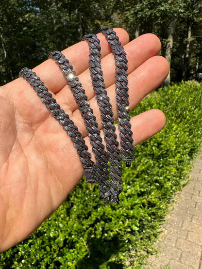Black MOISSANITE #1 Bestseller Miami Cuban Link Prong Chain Necklace Iced Out - Black Rhodium Over 925 Silver - 8mm-16mm - 16-30"