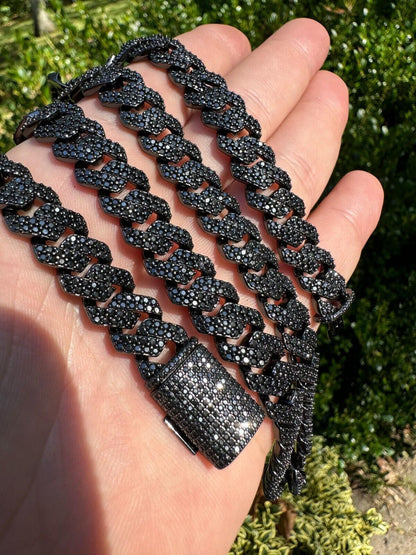 Black MOISSANITE #1 Bestseller Miami Cuban Link Prong Chain Necklace Iced Out - Black Rhodium Over 925 Silver - 8mm-16mm - 16-30"