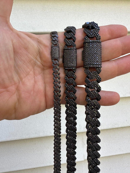 Black MOISSANITE #1 Bestseller Miami Cuban Link Prong Chain Necklace Iced Out - Black Rhodium Over 925 Silver - 8mm-16mm - 16-30"