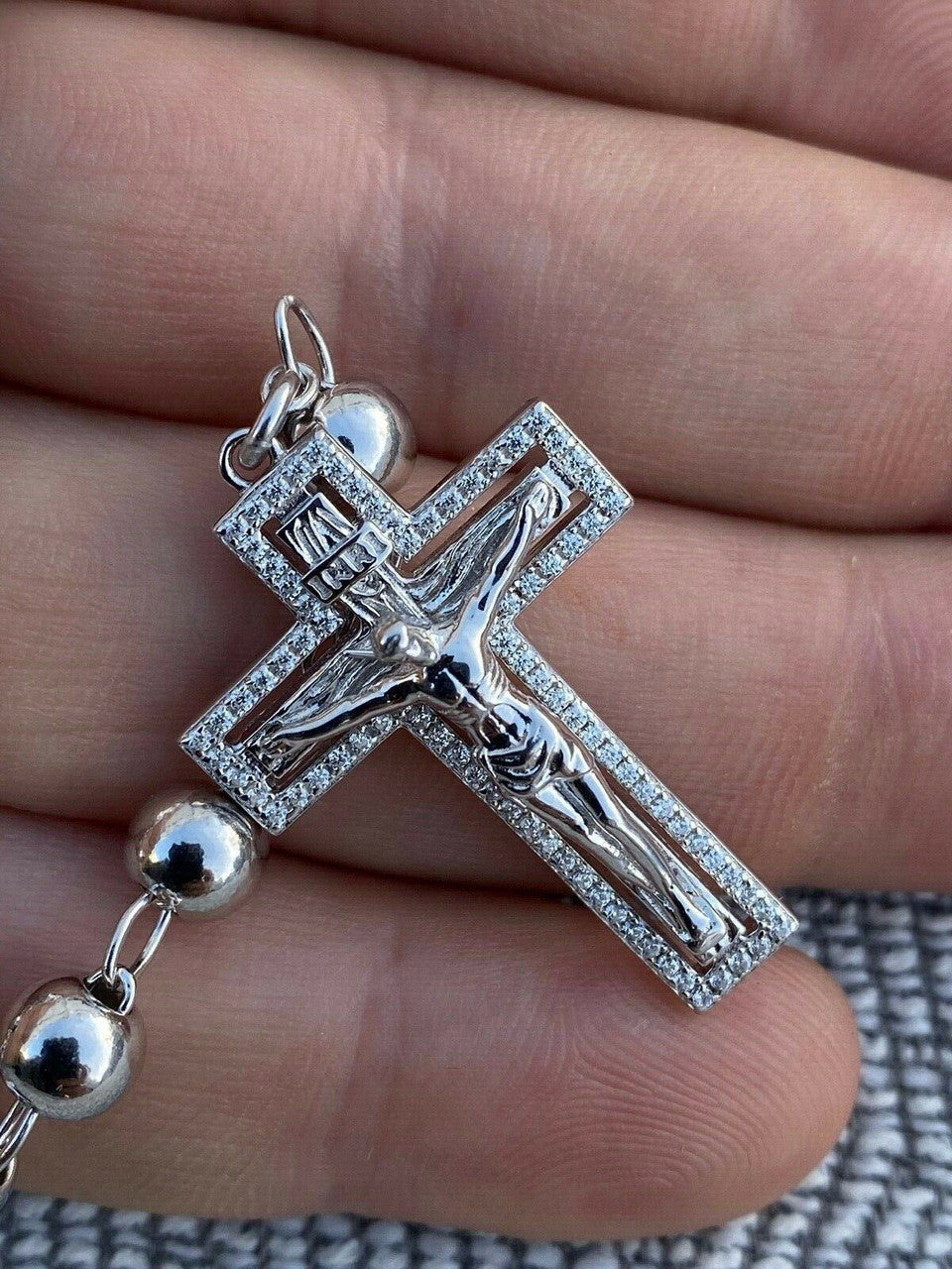 MOISSANITE Our Divine Mother Of Jesus Rosary Beads Necklace Iced Out - 925 Silver - 6mm - 30"