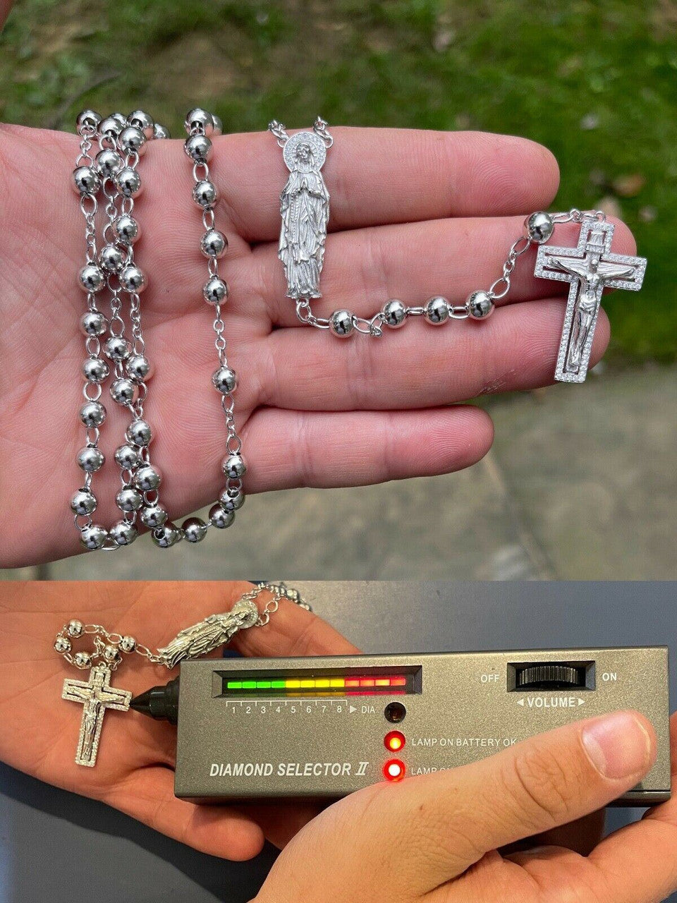 MOISSANITE Our Divine Mother Of Jesus Rosary Beads Necklace Iced Out - 925 Silver - 6mm - 30"