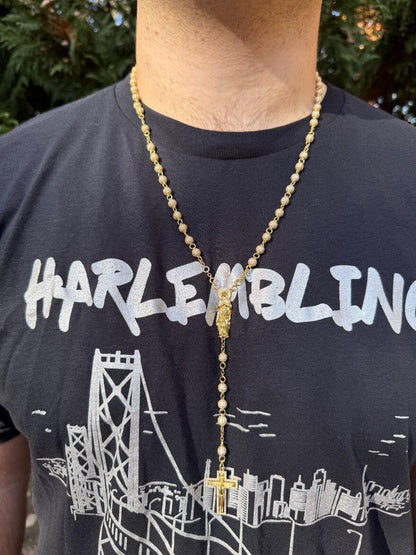 MOISSANITE Sinaloa Cartel Fully Iced Out Rosary Beads Necklace - 14k Gold Vermeil 925 Silver - 6mm - 30"