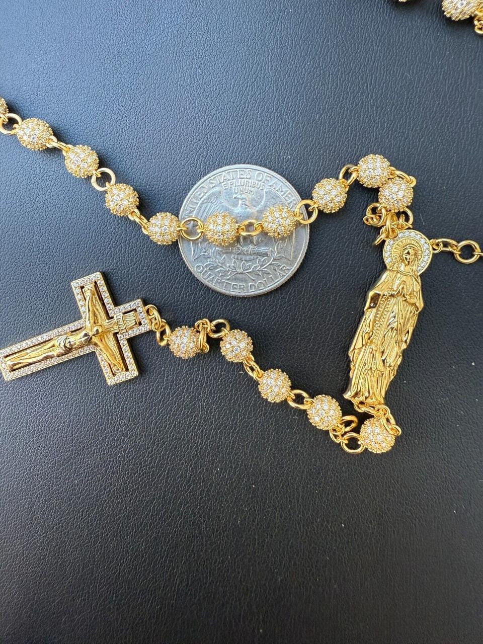 MOISSANITE Sinaloa Cartel Fully Iced Out Rosary Beads Necklace - 14k Gold Vermeil 925 Silver - 6mm - 30"