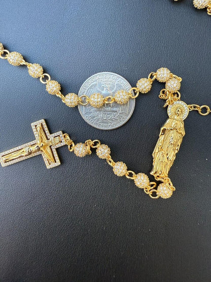MOISSANITE Sinaloa Cartel Fully Iced Out Rosary Beads Necklace - 14k Gold Vermeil 925 Silver - 6mm - 30"