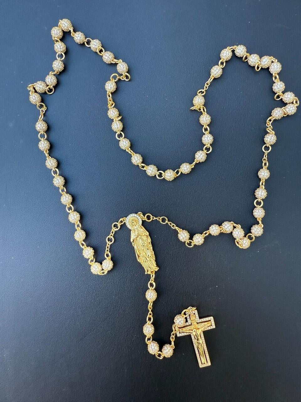 MOISSANITE Sinaloa Cartel Fully Iced Out Rosary Beads Necklace - 14k Gold Vermeil 925 Silver - 6mm - 30"