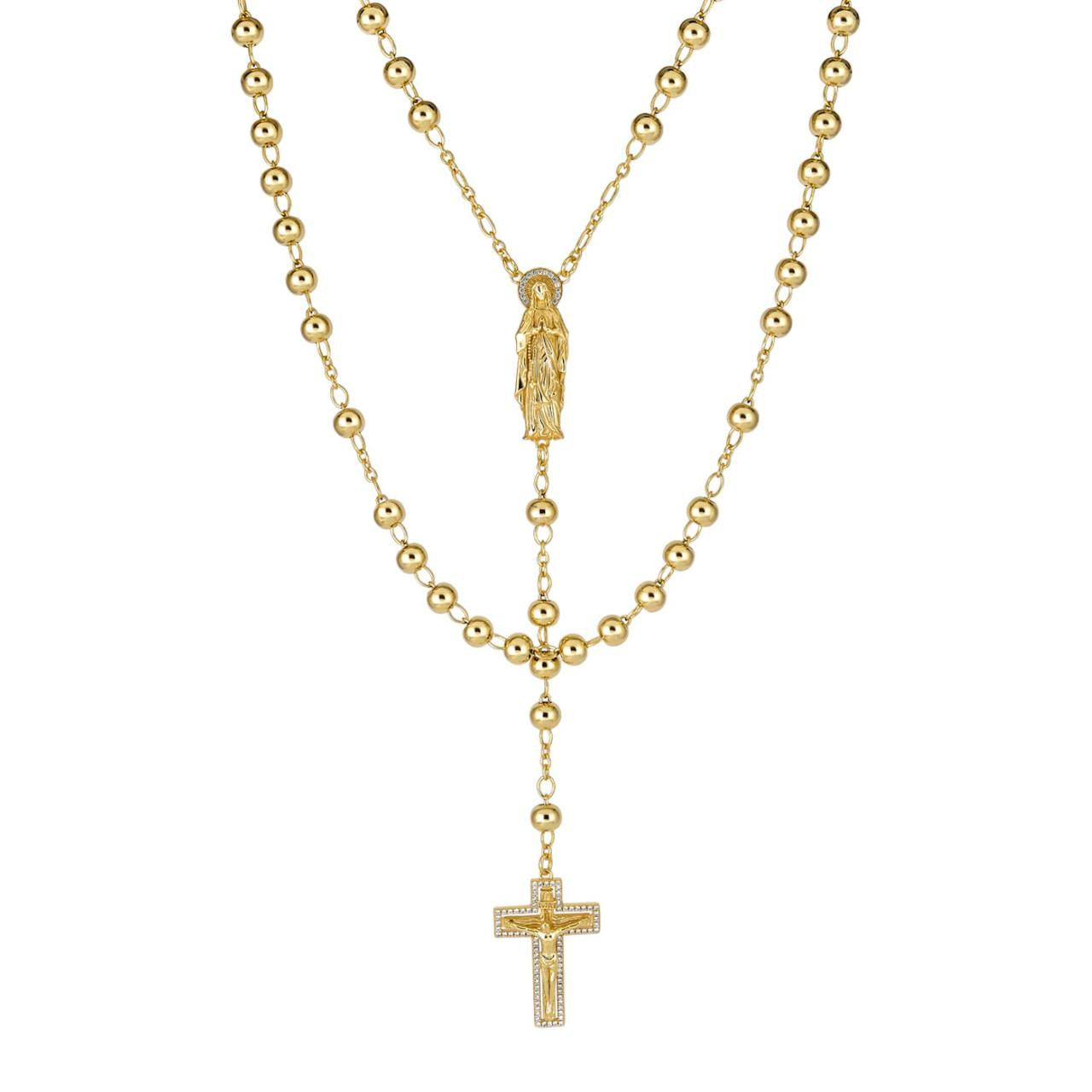 Our Divine Mother Of Jesus Rosary Beads Necklace Iced Out CZ Stones - 14k Gold Vermeil 925 Silver - 6mm - 30"
