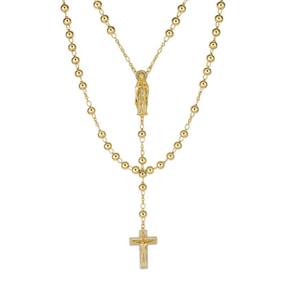 Our Divine Mother Of Jesus Rosary Beads Necklace Iced Out CZ Stones - 14k Gold Vermeil 925 Silver - 6mm - 30"