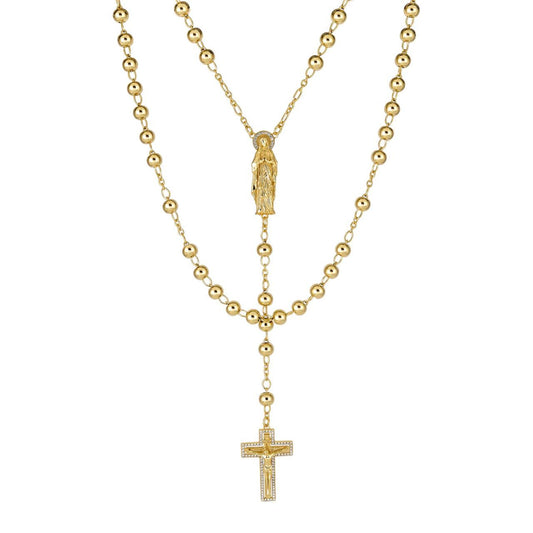 Our Divine Mother Of Jesus Rosary Beads Necklace Iced Out CZ Stones - 14k Gold Vermeil 925 Silver - 6mm - 30"