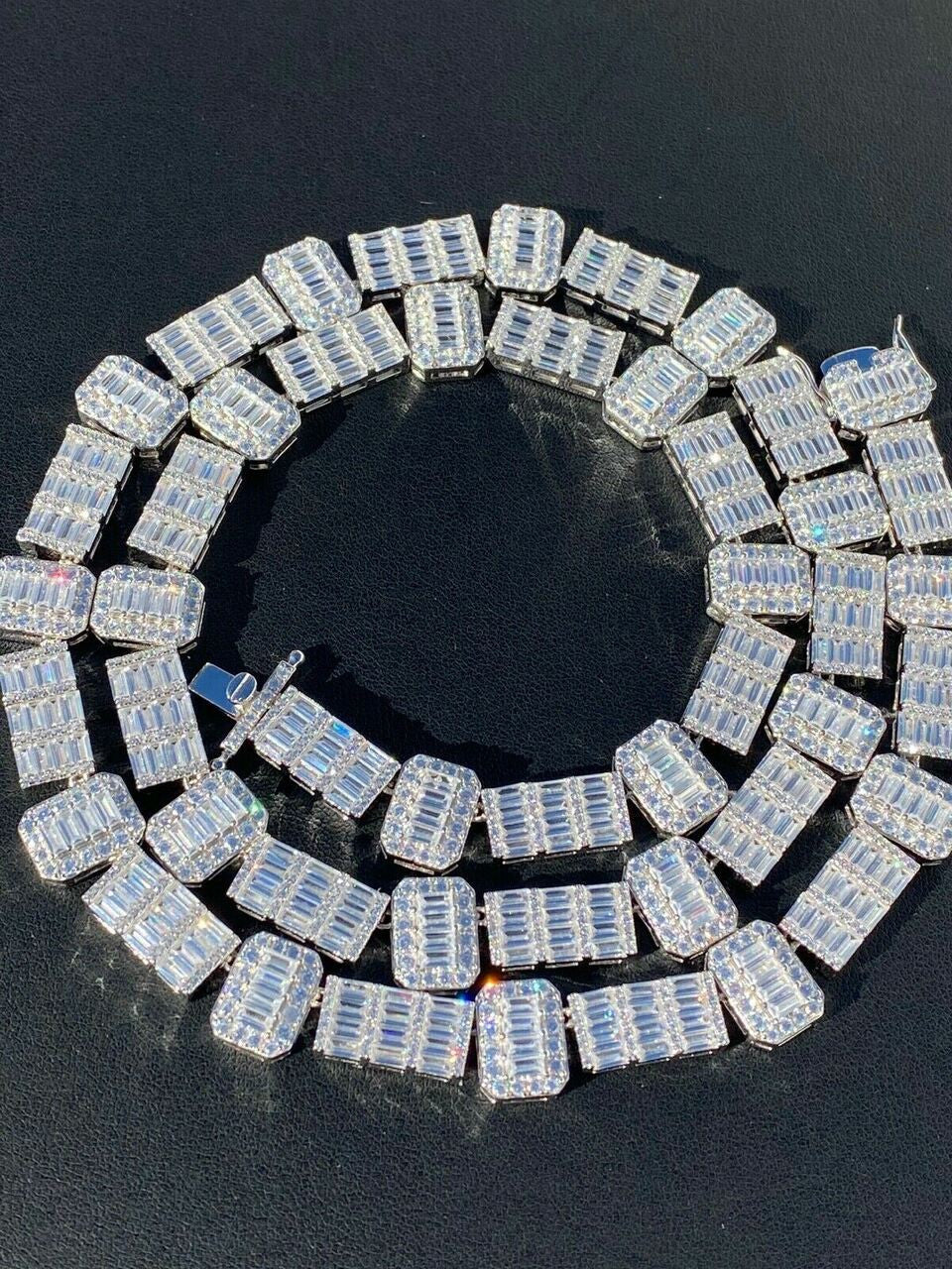 Custom Baguette Tennis Chain Necklace Iced Out CZ Stones - 925 Silver - 12mm - 18"-28"