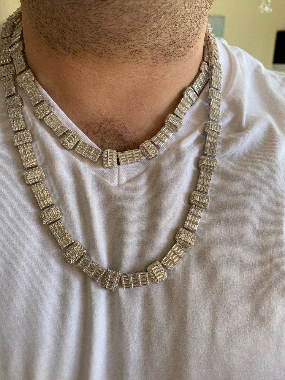 Custom Baguette Tennis Chain Necklace Iced Out CZ Stones - 925 Silver - 12mm - 18"-28"