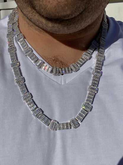 Custom Baguette Tennis Chain Necklace Iced Out CZ Stones - 925 Silver - 12mm - 18"-28"