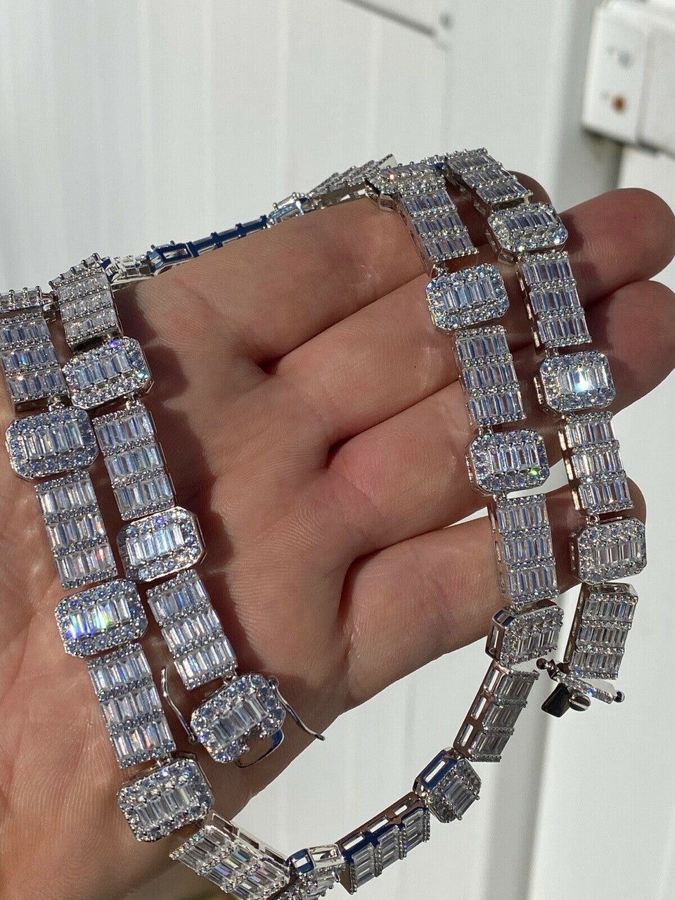 Custom Baguette Tennis Chain Necklace Iced Out CZ Stones - 925 Silver - 12mm - 18"-28"