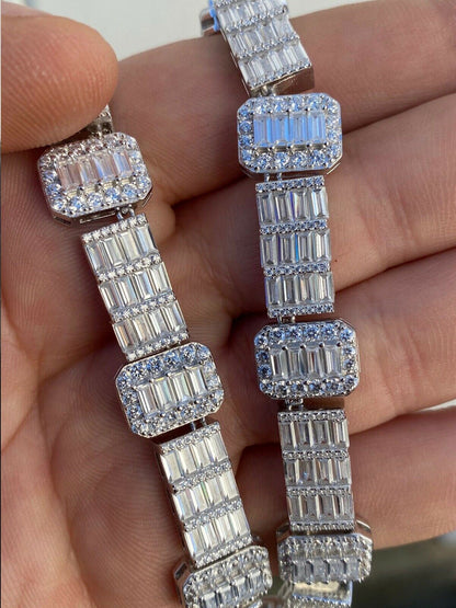Custom Baguette Tennis Chain Necklace Iced Out CZ Stones - 925 Silver - 12mm - 18"-28"