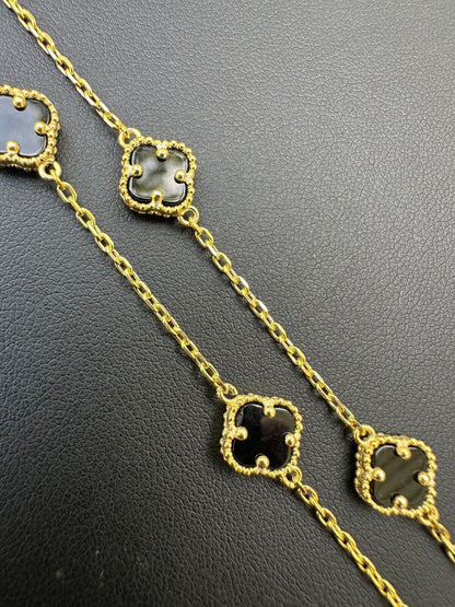 Cleef Clover Link Chain Necklace Or Bracelet Natural Black Onyx Motifs - 14k Gold Vermeil 925 Sterling Silver - 5.5"-24"