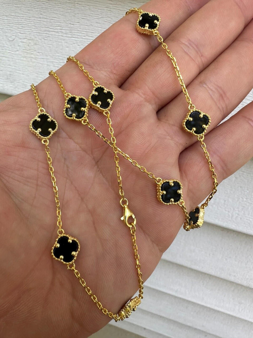 Cleef Clover Link Chain Necklace Or Bracelet Natural Black Onyx Motifs - 14k Gold Vermeil 925 Sterling Silver - 5.5"-24"