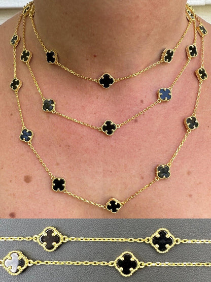 Cleef Clover Link Chain Necklace Or Bracelet Natural Black Onyx Motifs - 14k Gold Vermeil 925 Sterling Silver - 5.5"-24"