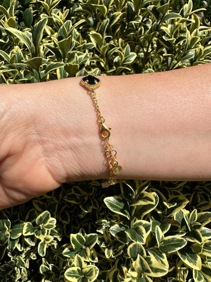 Cleef Clover Link Chain Necklace Or Bracelet Natural Black Onyx Motifs - 14k Gold Vermeil 925 Sterling Silver - 5.5"-24"