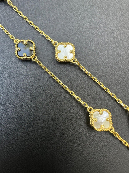 Cleef Clover Link Chain Necklace Or Bracelet Natural Black Onyx & Mother Of Pearl Motifs - 14k Gold Vermeil 925 Sterling Silver - 5.5"-24"