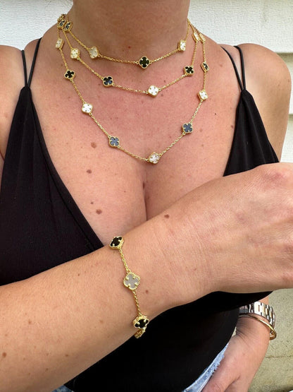 Cleef Clover Link Chain Necklace Or Bracelet Natural Black Onyx & Mother Of Pearl Motifs - 14k Gold Vermeil 925 Sterling Silver - 5.5"-24"