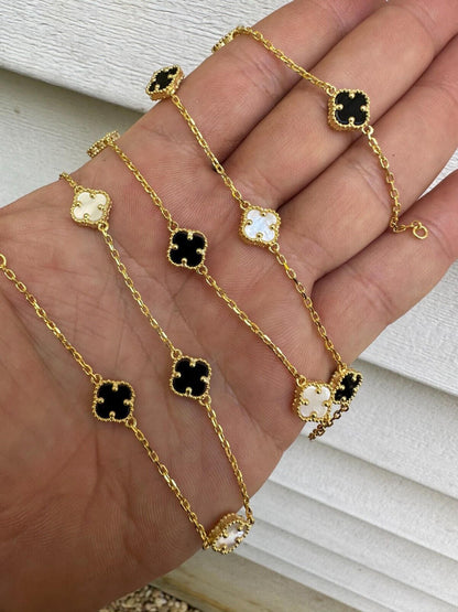 Cleef Clover Link Chain Necklace Or Bracelet Natural Black Onyx & Mother Of Pearl Motifs - 14k Gold Vermeil 925 Sterling Silver - 5.5"-24"