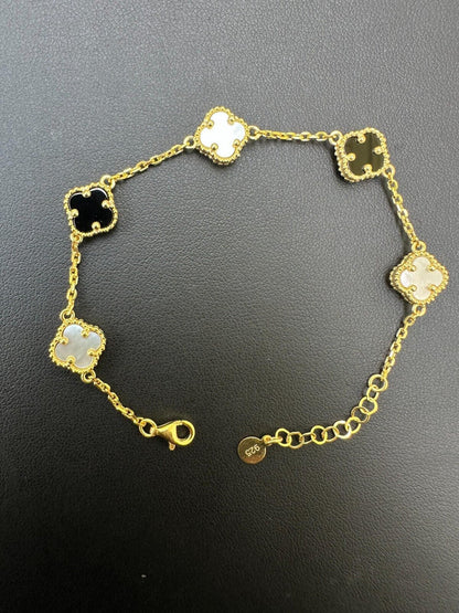 Cleef Clover Link Chain Necklace Or Bracelet Natural Black Onyx & Mother Of Pearl Motifs - 14k Gold Vermeil 925 Sterling Silver - 5.5"-24"
