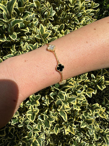 Cleef Clover Link Chain Necklace Or Bracelet Natural Black Onyx & Mother Of Pearl Motifs - 14k Gold Vermeil 925 Sterling Silver - 5.5"-24"