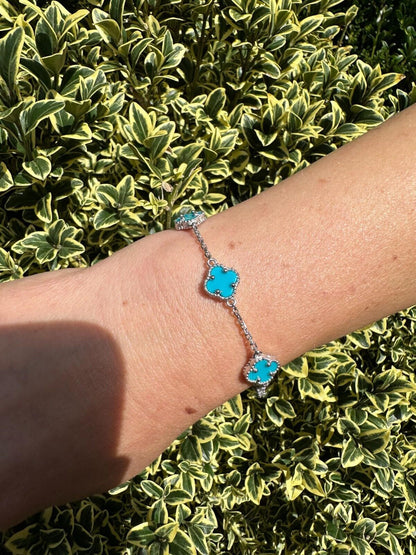 Cleef Clover Link Chain Necklace Or Bracelet Natural Blue Turquoise Motifs - 925 Sterling Silver - 5.5"-24"