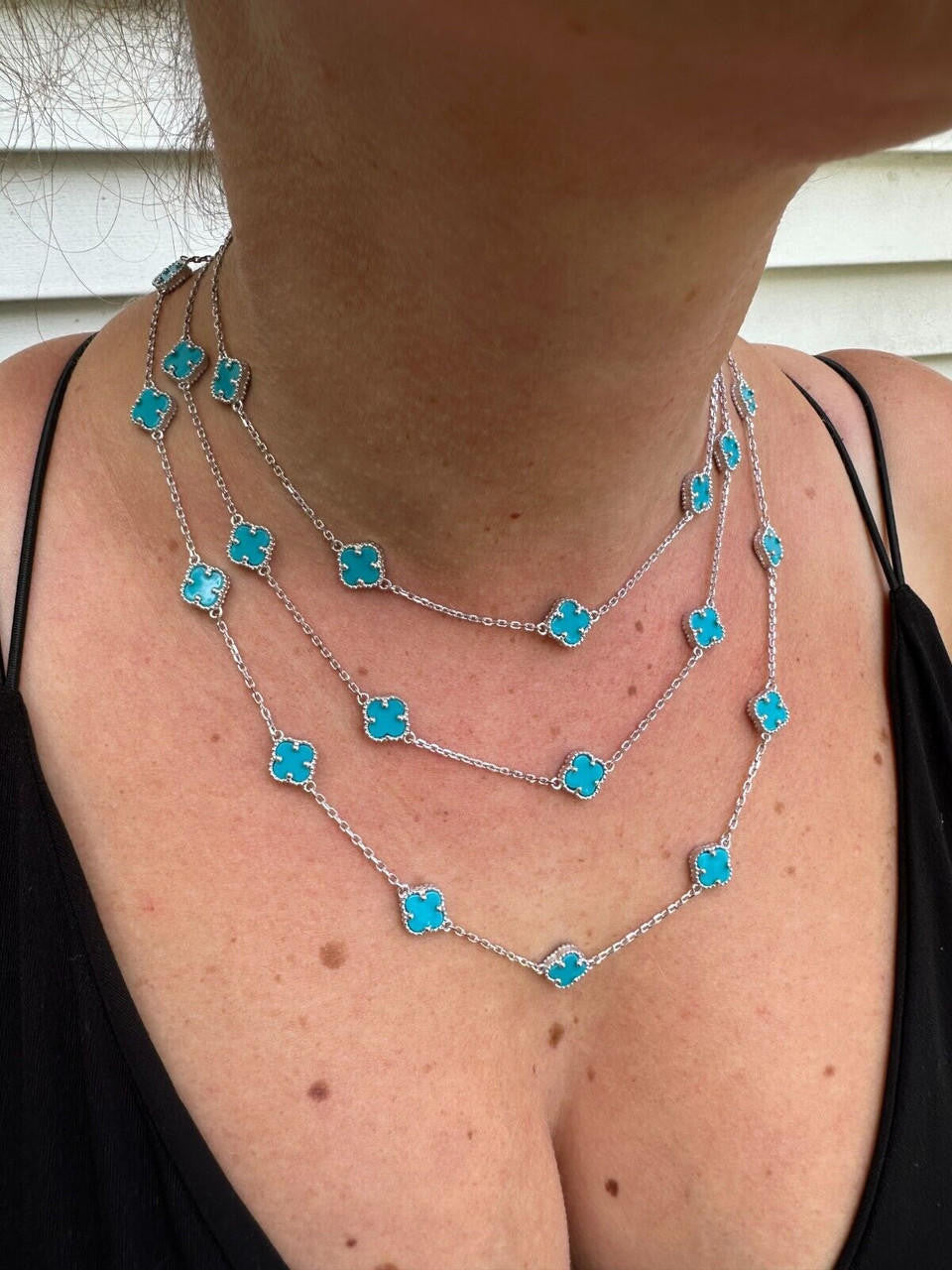 Cleef Clover Link Chain Necklace Or Bracelet Natural Blue Turquoise Motifs - 925 Sterling Silver - 5.5"-24"