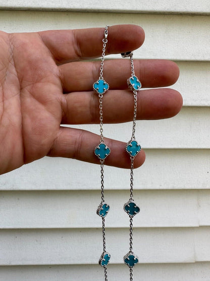 Cleef Clover Link Chain Necklace Or Bracelet Natural Blue Turquoise Motifs - 925 Sterling Silver - 5.5"-24"